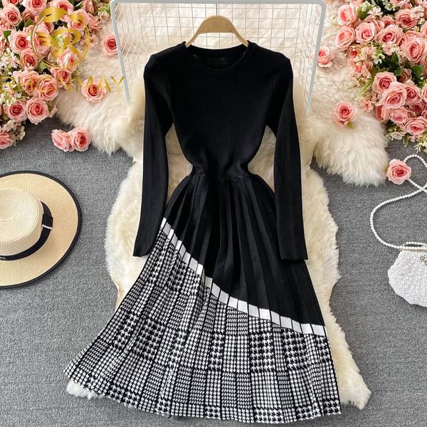 

casual dresses autumn winter plaid stitched knitted dress women midi pleated a-line ladies girl fashion long sleeve knit, Black;gray