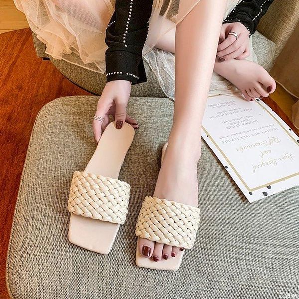 

2021fashiontemperament braided fine plaid open-toe flat square head slippers set foot vacation beach sandals casual women shoes, Black