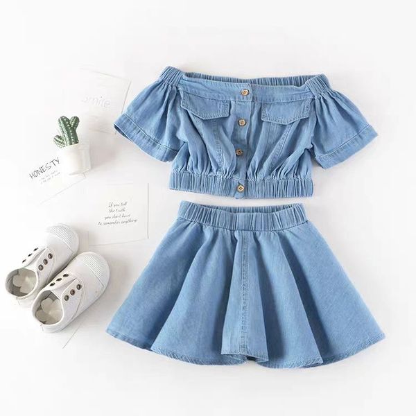 

clothing sets summer kids baby girl denim blue two-pieces suits off shoulder short sleeve crop and mini pleated skirt 2-7y, White