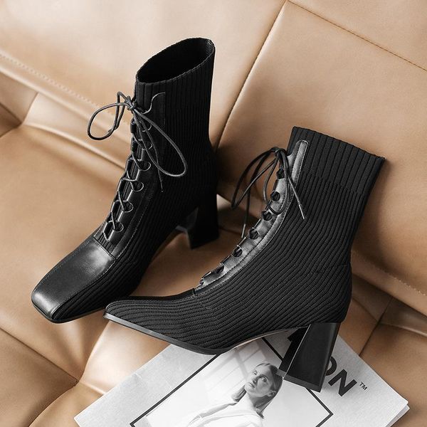 

boots autumn and winter women shoes solid color high heels skinny sock fashion cross lace bare, Black