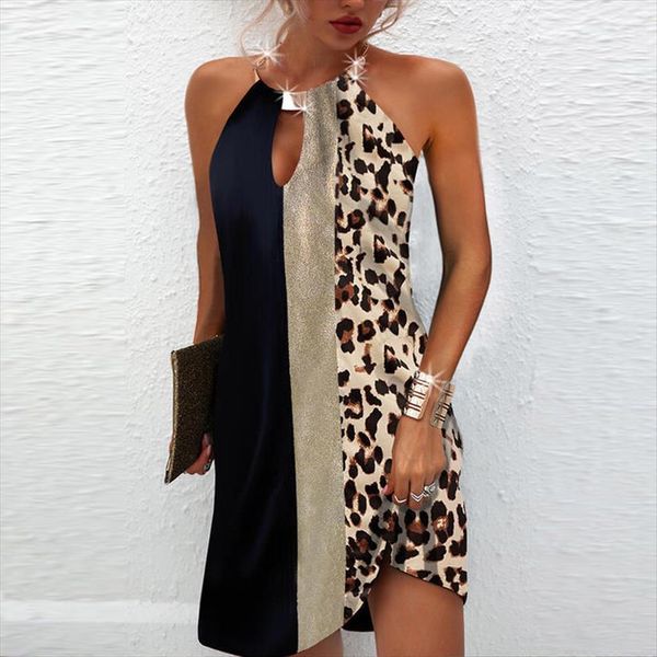 

vintage metal halter party womens dresses elegant backless sleeveless summer fashion leopard printing patchwork mini, Black;gray
