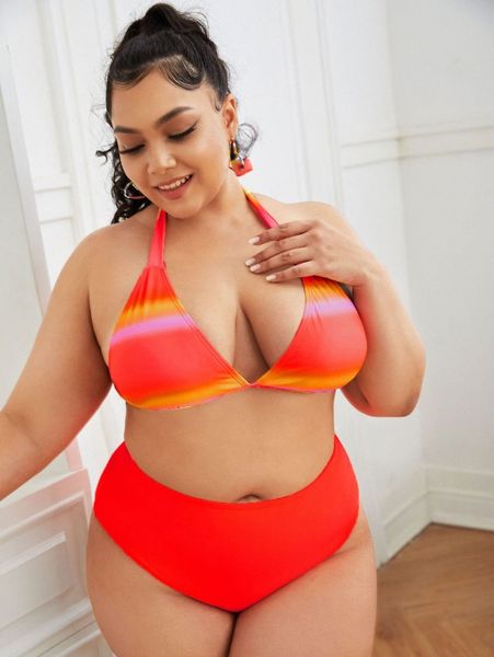 

plus ombre halter triangle high waisted bikini swimsuit v4so#, Black