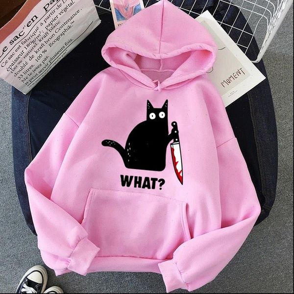 

autumn winter fleece sportswear harajuku women hoodies print funny cat what hip hop clothing streetwear, Black