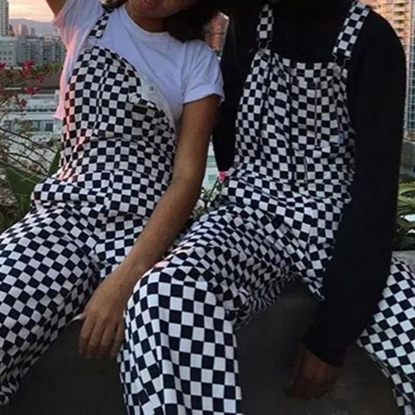 

women's pants & capris 2021 retro streetwear hiphop jumpsuit plaid print overalls women harajuku loose bib cargo, Black;white