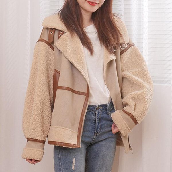 

women's leather & faux zcwxm 2021 winter streetwear women warm lamb jacket sheepskin coat zipper moto biker thick lapel loose outwear, Black
