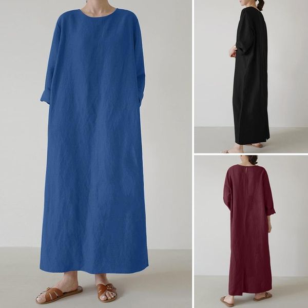 

casual dresses women sundress o neck long sleeve baggy solid maxi dress autumn loose cotton vestidos kaftan robe plus size, Black;gray