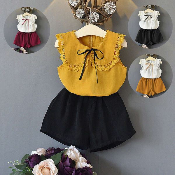 

boys and girls suits spring and summer girls' korean sleeveless baby collar shorts two piece suit for children, White