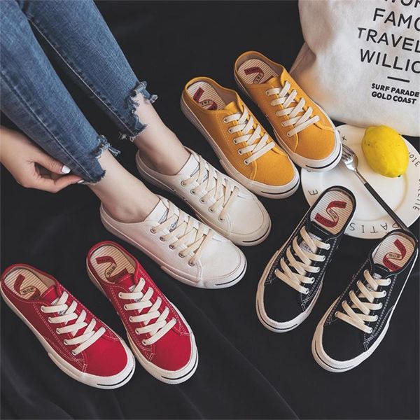 

slippers spring summer women canvas shoes women's fashion lace up open white sandals half drag tray breathable, Black