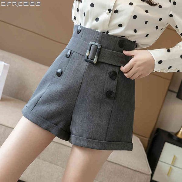 

women's shorts fashion streetwear high waist for women autumn and winter thicker short femme double buttons belt wide leg woman 9m, White;black