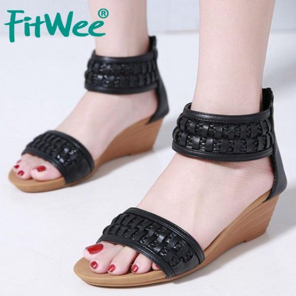 

dress shoes fitwee women sandals fashion flat heels back zipper design patchwork casual outdoor footwear size 35-42, Black