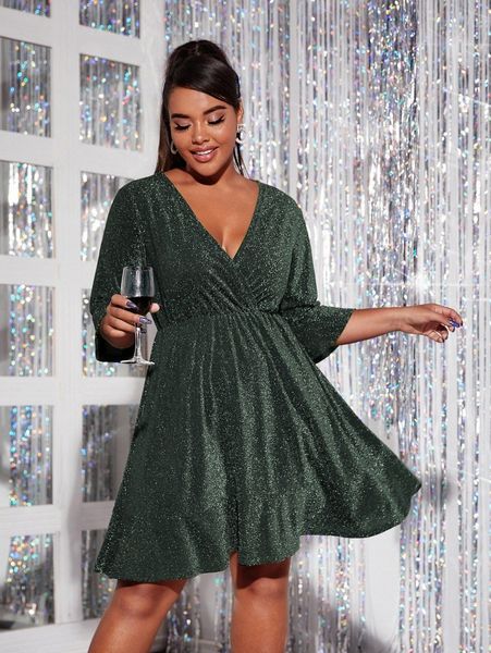 

plus surplice neck glitter dress 38pv#, Black