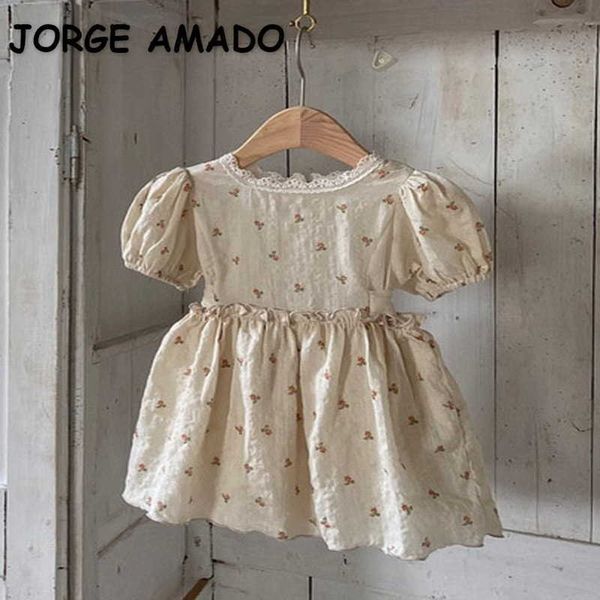 Stile coreano Estate Bambini Ragazze Abiti floreali Maniche corte a sbuffo Vestito da principessa Bambini Vestiti carini E2189 210610