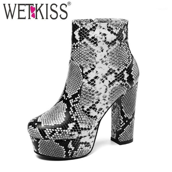 

boots wetkiss snake skin pu zip round toe women print booties platform shoes female high heels thick ladies winter1, Black