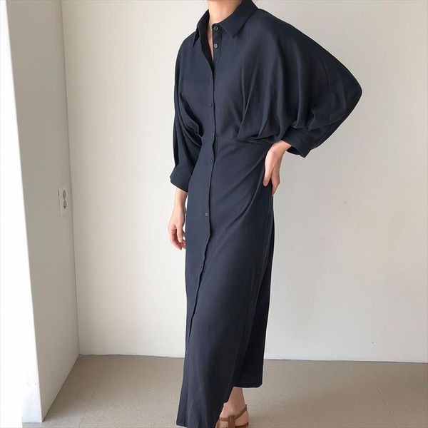 

single breasted shirt minimalist autumn women dresses elegant ol batwing sleeve solid long vestidos, Black;gray
