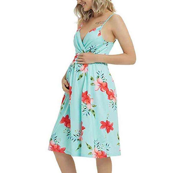 Abito premaman sexy profondo scollo a V senza schienale Fiore vestiti da donna Comodo vestito estivo Bellissimi abiti per le donne incinte Ropa G220309