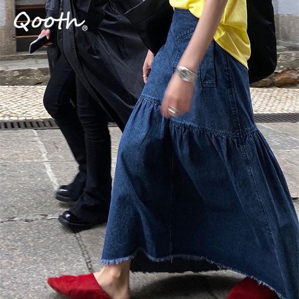 Queated High талия нерегулярная конструкция плиссированная джинсовая юбка твердая простая дизайн причинно-следственная юбка Все соответствует средней длине a-линии юбка Qt719 210518