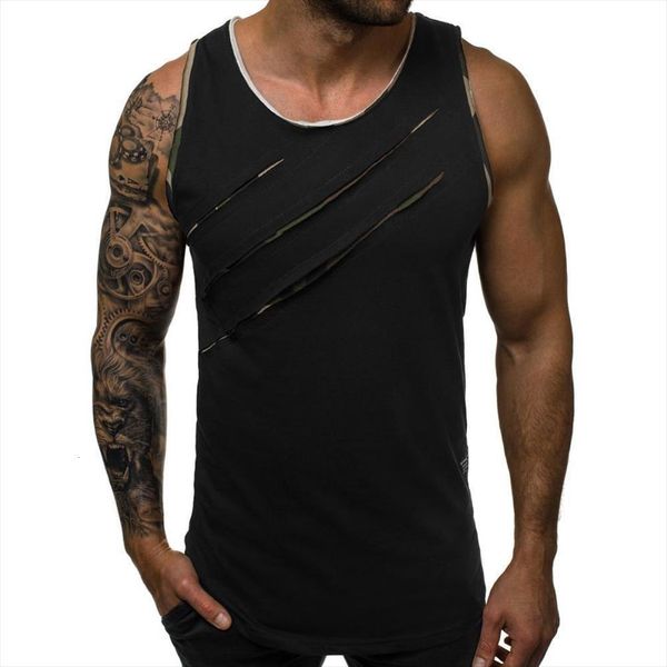 

tank men summer stylish solid color round neck sleeveless ripped slim vest fitness bottoming, White;black