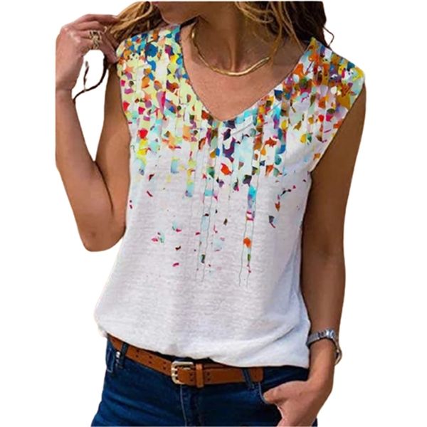

plus size 5xl ladies tshirt women beach summer sleeveless floral print v-neck casual loose female pullover street tank tees 210522, White