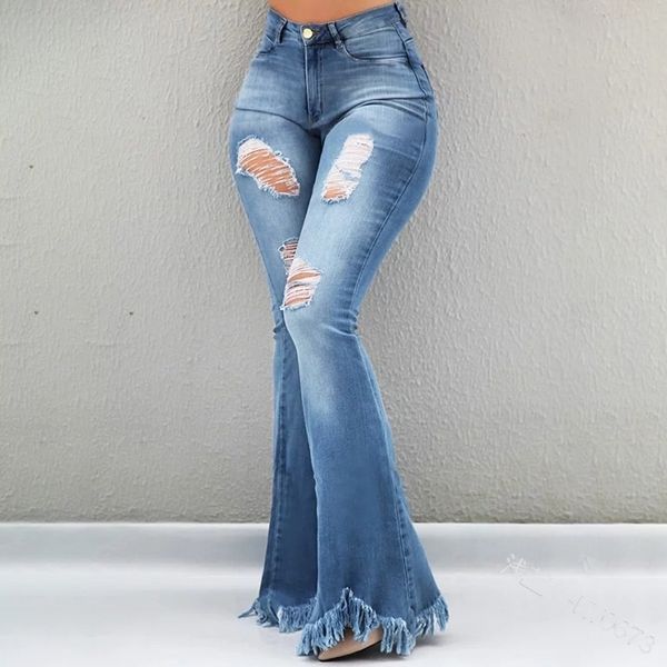 

70% off outlet online weigou ladies denim flare jeans women ripped skinny pants female wide leg hole, Blue