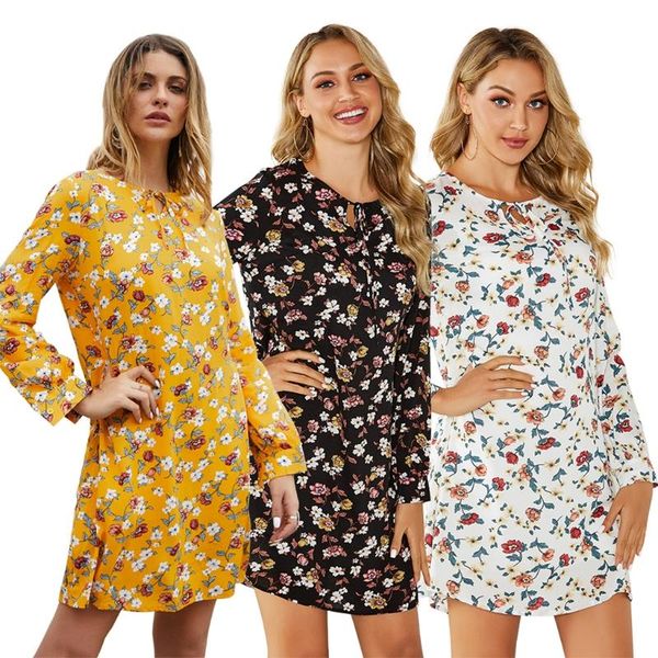 

women elegant o-neck dress flower printed autumn summer female 2021 office lady casual long sleeve pullover party sundress dresses, Black;gray