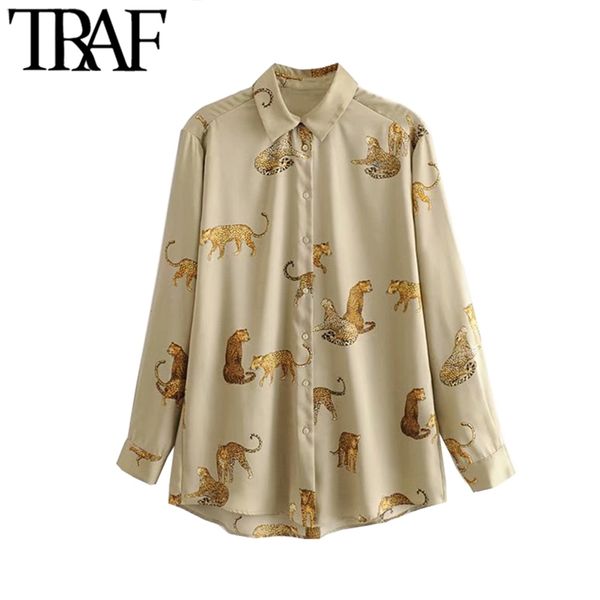 TRAF Moda Donna Abbigliamento da ufficio Camicette con stampa leopardata Vintage Manica lunga Modello animale Camicie femminili Blusas Chic Top 210415