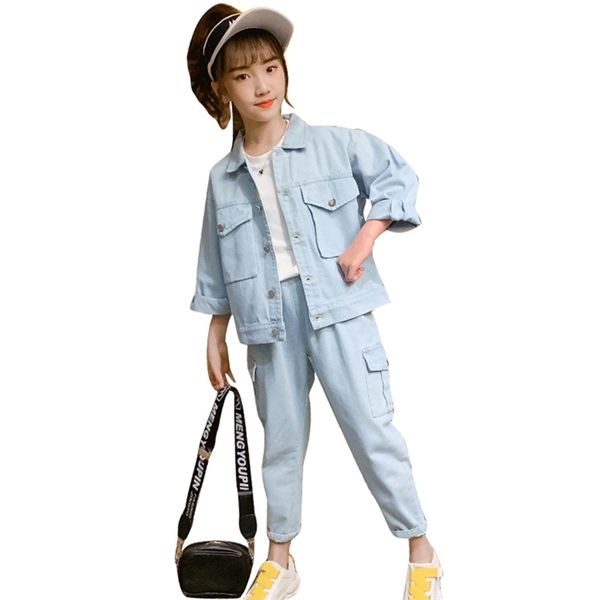 

girls clothing solid color children's clothes for denim jacket + jeans tracksuit girl casual style 210528, White