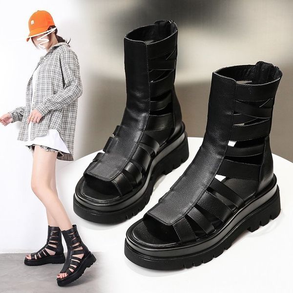 

imitation leather roman sandals women's flat bottom fish mouth muffin boots in spring and summer of 2021 leisure hollow out, Black