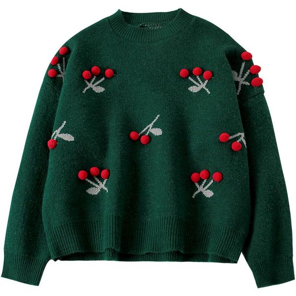 

women's sweaters autumn winter women 3d cherry knitted crocheted flowers shirts pullovers long-sleeved crop sueter mujer invierno, White;black