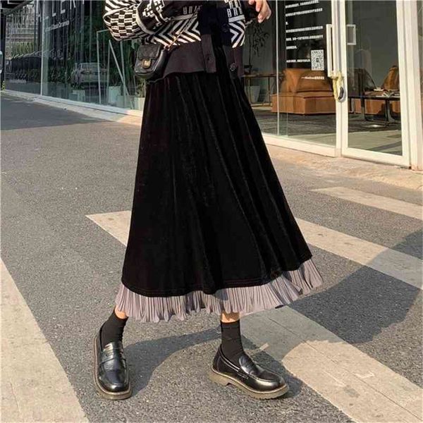 

elegant gold velvet women high waist pleated skirt long metallic a-line midi autumn winter casual splice maxi 210421, Black
