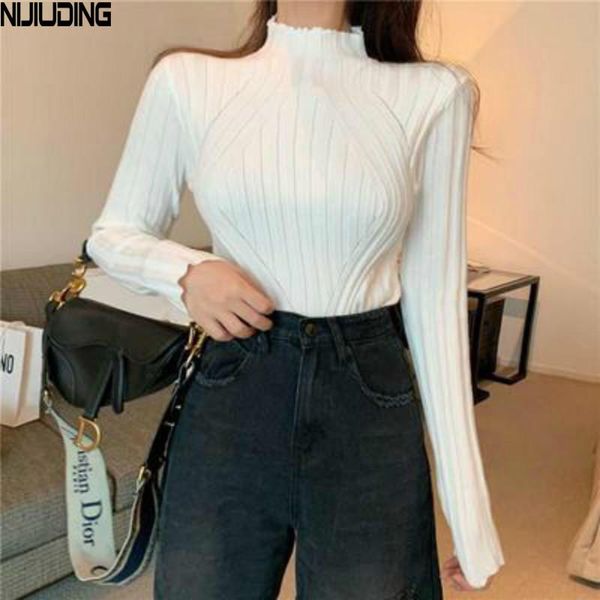 

knitted women sweater jumper ladies knitting slim pit striped pullovers all-match solid color female sweaters autumn women's, White;black