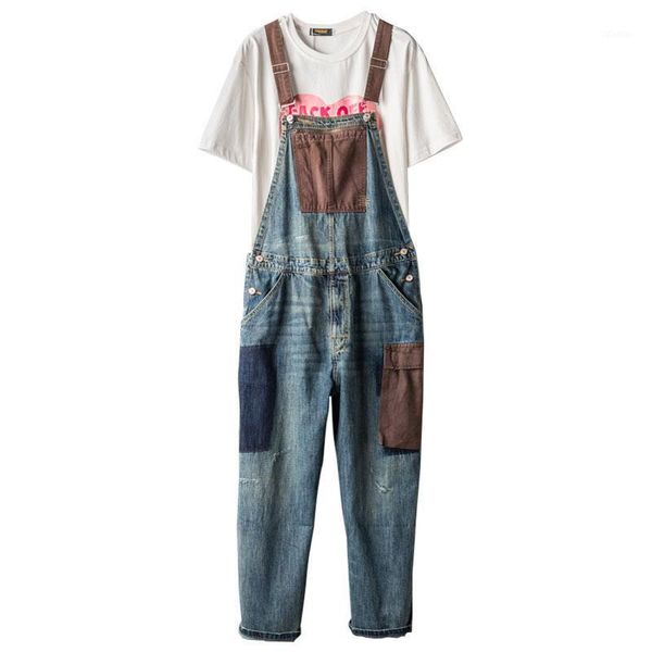 

men's jeans 2021 japanese retro bib men overalls denim jumpsuits cotton straight patch big pocket wide leg pants blue cowboy trousers