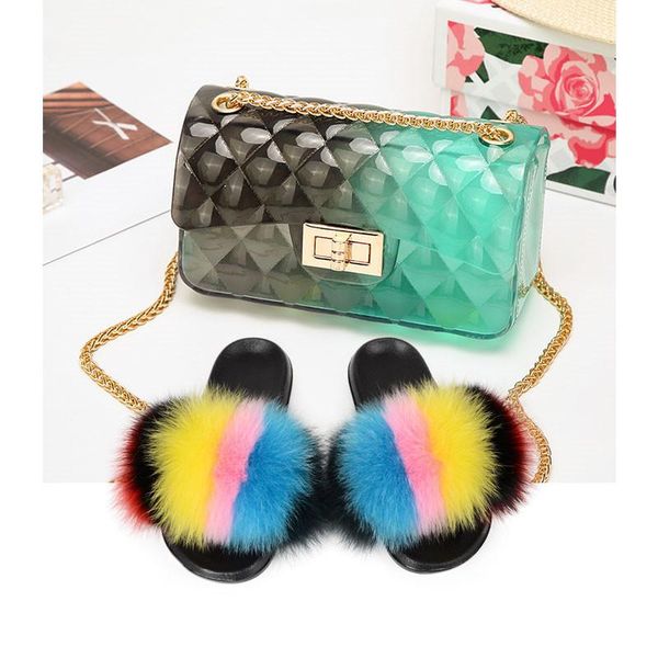 

slippers real female fur set bag & woman rainbow sandals slides colorful jelly pouch game bags ladies furry shoes, Black