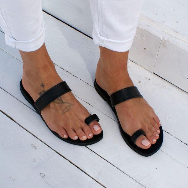 

women's slippers spring summer solid flat heel beach sandals roman shoes rubber round toe outdoor zapatillas casa mujer, Black
