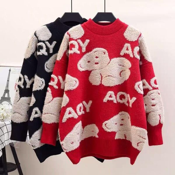 

women's sweaters discvry 2021 women loose fashion o-neck autumn winter clothing cartoon lovely knit, White;black