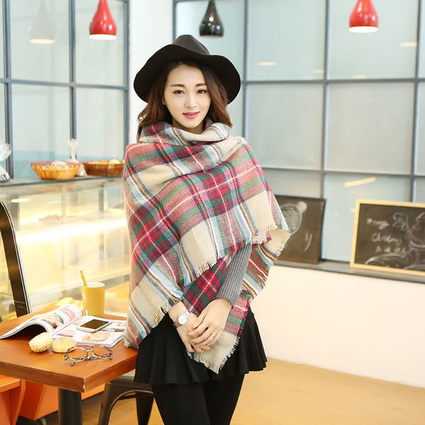 

autumn and winter cashmere like double-sided colorful plaid square scarf women's shawl, Blue;white