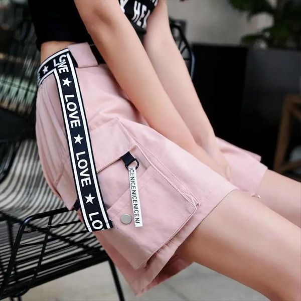 

pink korean fashion overalls women pants shorts summer cycling bike punk pockets cargo harajuku sweatpants, Black;white