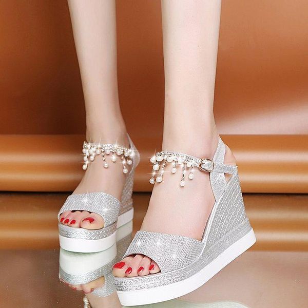 

women wedge sandals summer bead studded detail platform buckle strap peep toe thick bottom casual shoes ladies 358, Black