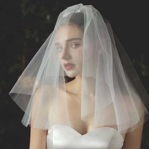 

bridal veils simple shoulder length wedding veil 2-layer tulle ribbon edge bow headdress for travel studio po prop v714, Black