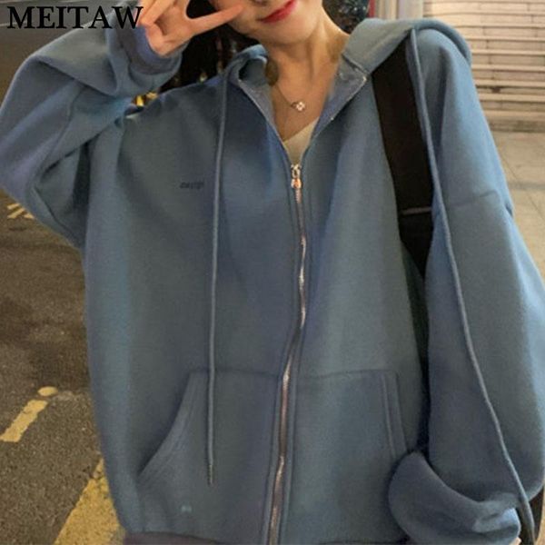 

women's hoodies & sweatshirts women oversized 2021 autumn winter casual solid zipper korean loose long sleeve hooded female jacket coat, Black