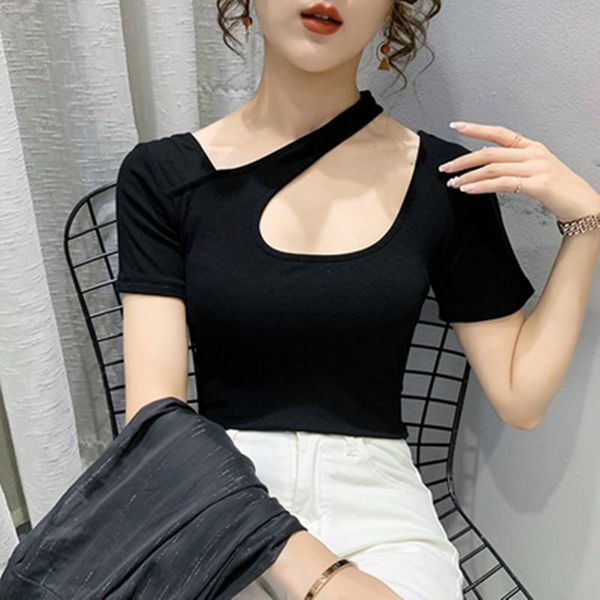 

women's t-shirt summer fashion clothes cotton solid chic hollow out irregularity women back short sleeve casual tees, White