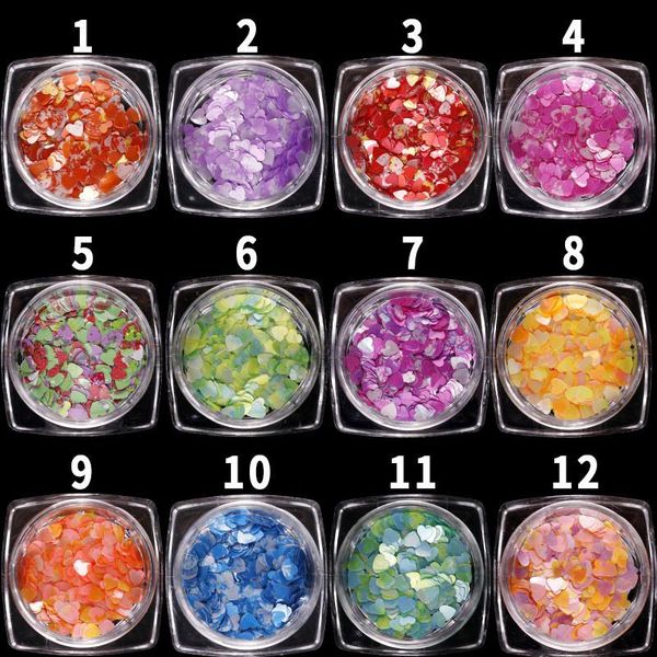 

12pcs/set holographic laser pet heart confettis chunky glitter powder sequins for diy manicure nails art decorations accessories nail, Silver;gold