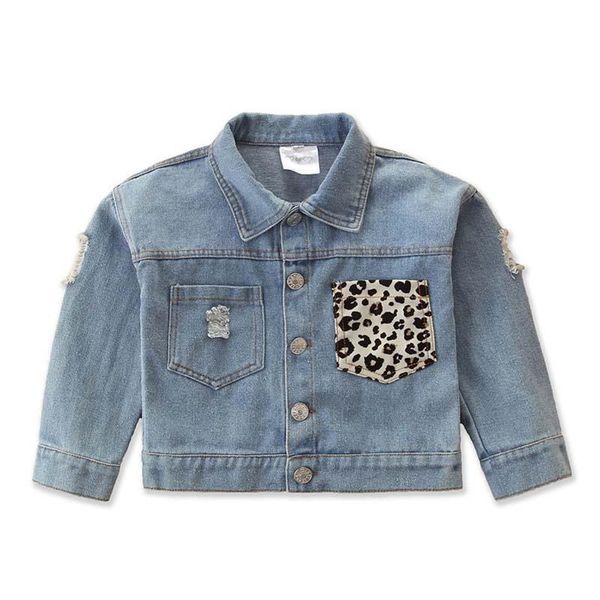 

jackets kids denim for girls baby leopard print pocket coats spring autumn fashion child outwear ripped jean, Blue;gray
