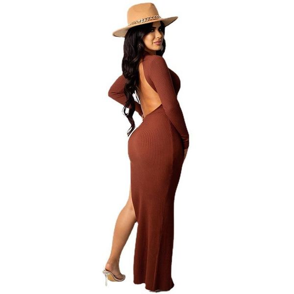 

casual dresses women button bodycon long maxi dress autumn female sleeve backless side split party wdc8951, Black;gray