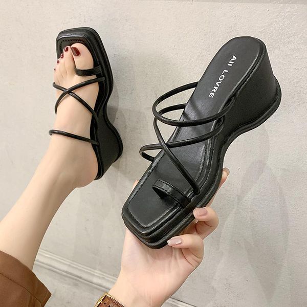 

rubber female shoes flip flops slippers casual slides women heels loafers square toe platform on a wedge 2021 soft hawaiian, Black