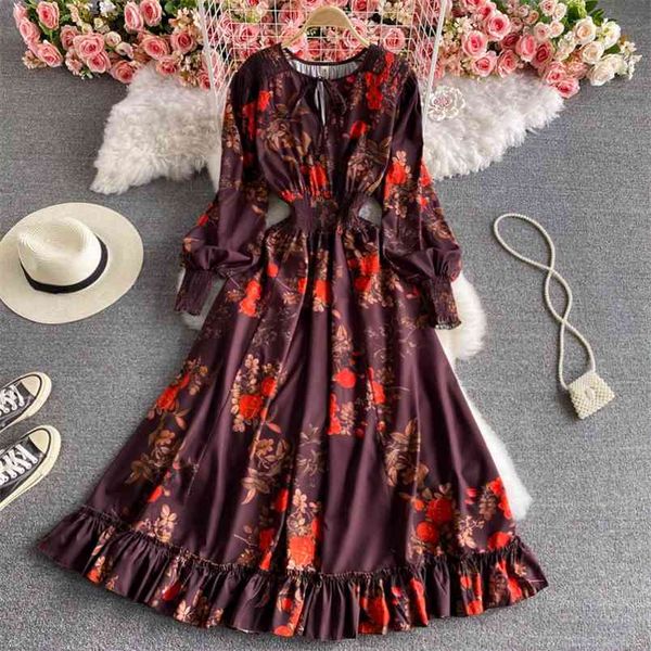 

spring european american retro print round neck tie puff sleeves thin vestidos midi dress with ruffles gk457 210506, Black;gray