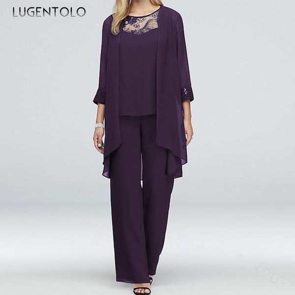 

lugentolo women set 3 pieces chiffon three quarter sleeve elegant jacket vest straight pants solid ladies casual simple sets women's tw, White