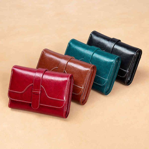 

2021 korean leather women's short 30% discount zero wallet buckle oil wax cowhide small, Red;black