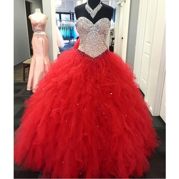 

fashion ball gown quinceanera dress sweetheart crystals ruffles floor length long graduation party gowns custom size, Blue;red