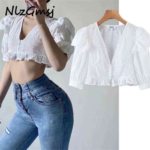 

blouse women v neck white short shirt female puff sleeve fashion lady crop blusas 03 210628