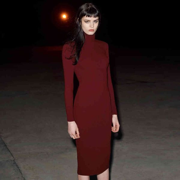 

winter long sleeve turtleneck bandage maxi dress women solid club celebrity party bodycon 210423, Black;gray